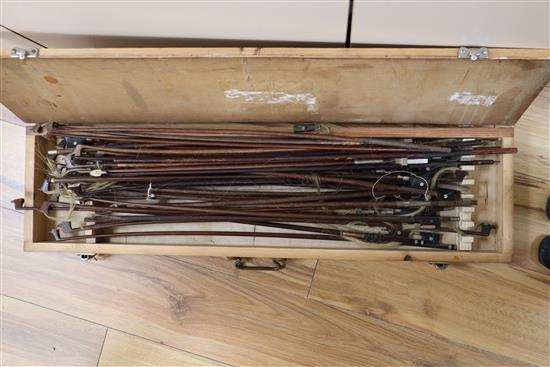 Two violins in a mahogany box and a collection of violin bows